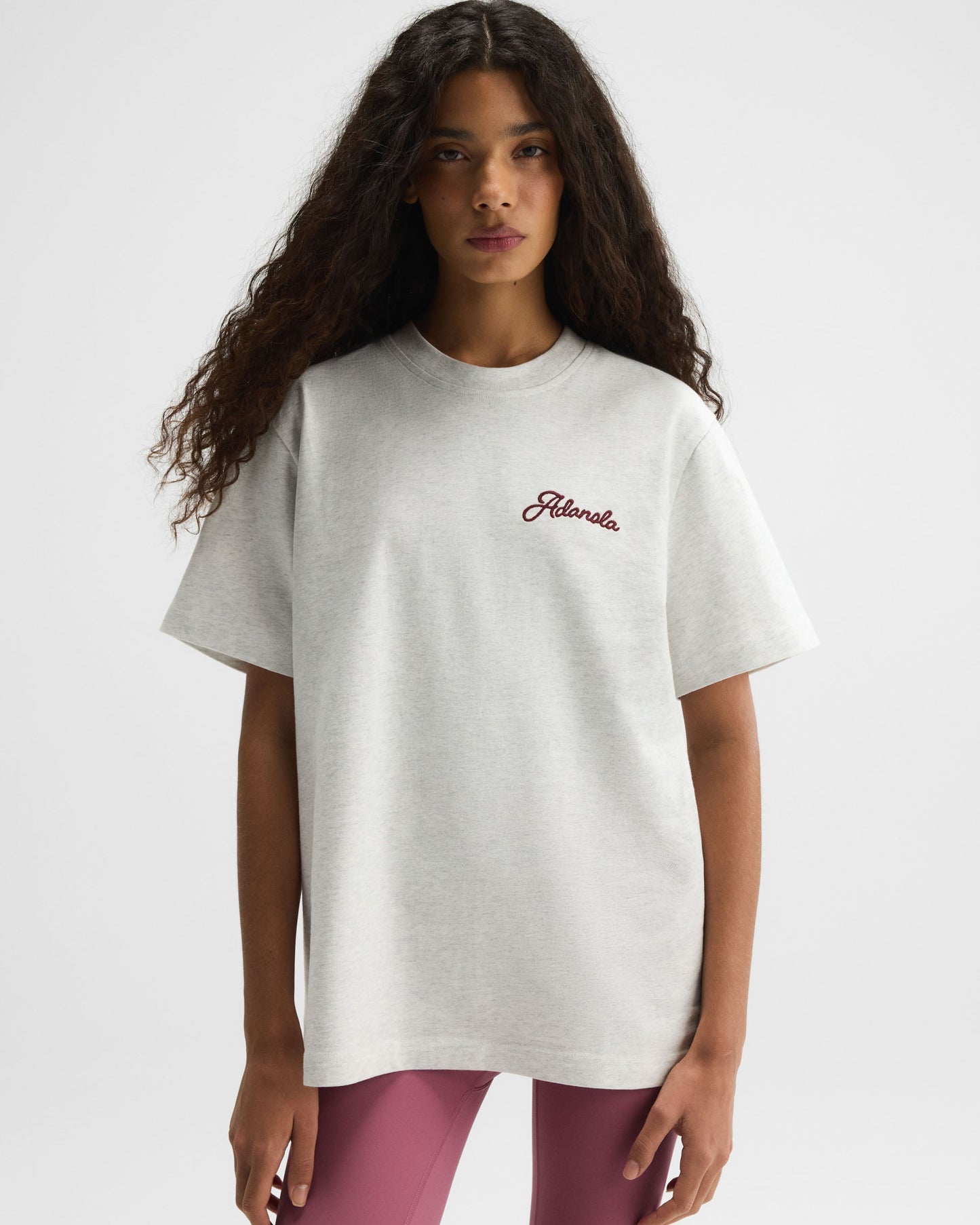 Adanola Script Embroidered Short Sleeve Oversized T-shirt - Light Grey Melange/Damson Red
