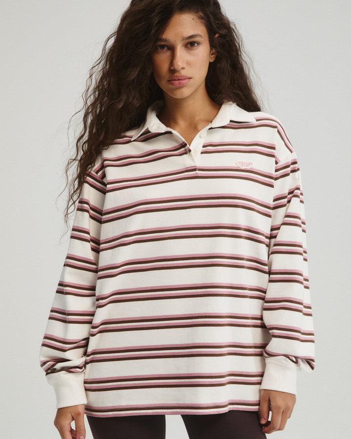 Stripe Branded Rugby Top - Dusty Pink/Marshmallow White