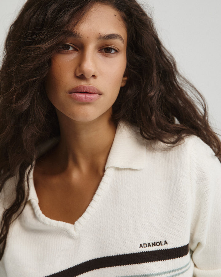 Knit Stripe Polo Top - Marshmallow White