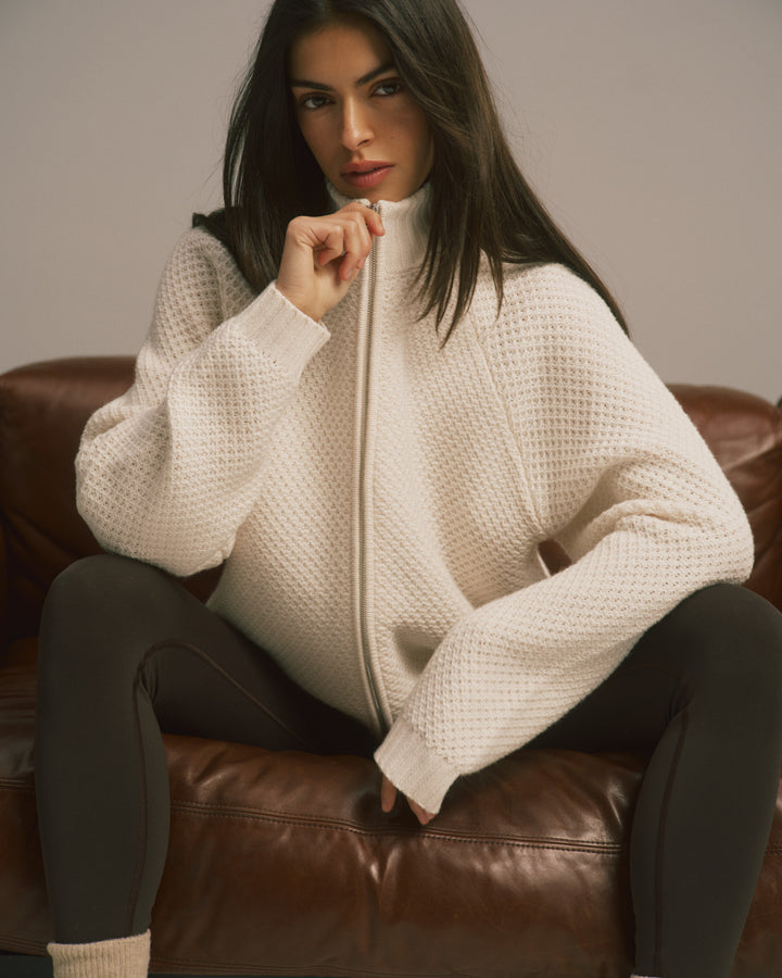 Knit Full Zip Funnel Neck Sweatshirt - Marshmallow White