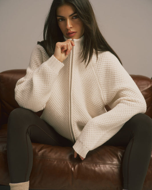 Knit Full Zip Funnel Neck Sweatshirt - Marshmallow White